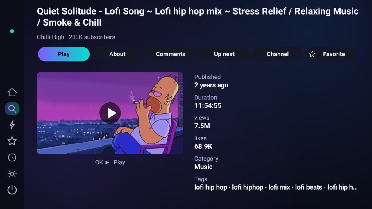 PipeTv Android TV screenshot: Video details, comments, up next and channel jump