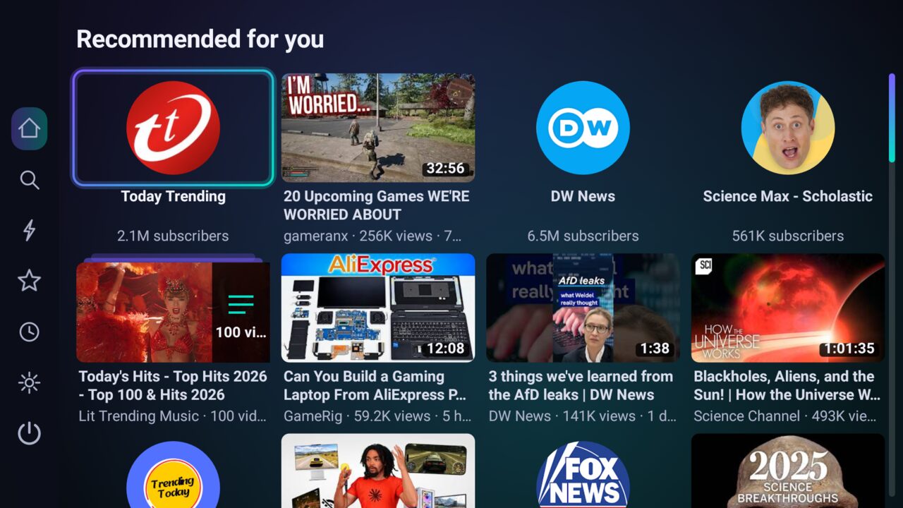 PipeTv Android TV screenshot: Personalised recommendations on the home screen