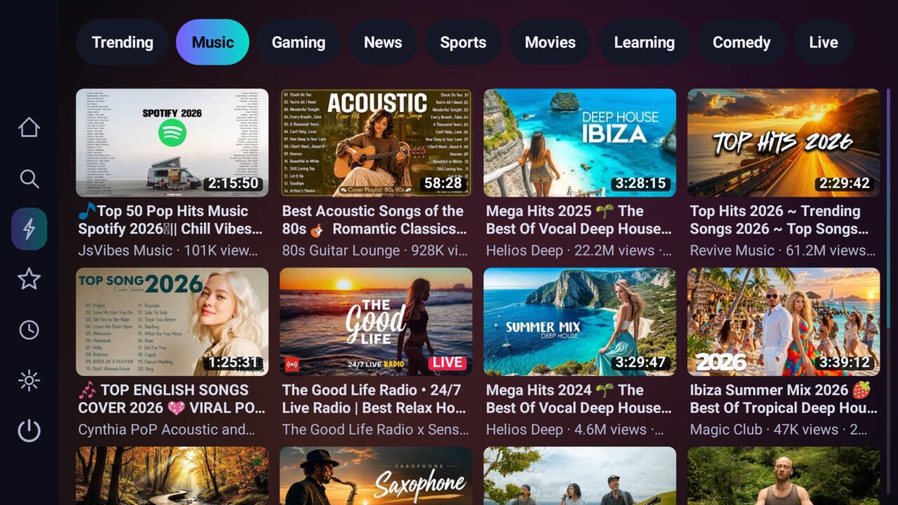 PipeTv Android TV screenshot: Popular topics: Trending, Music, Gaming, News and more