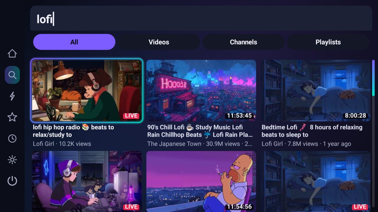 PipeTv Android TV screenshot: Smart search with live suggestions and filters