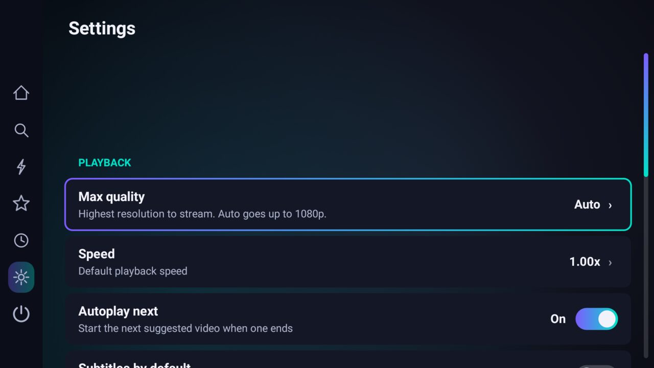 PipeTv Android TV screenshot: Focused settings with sliders, steppers and toggles